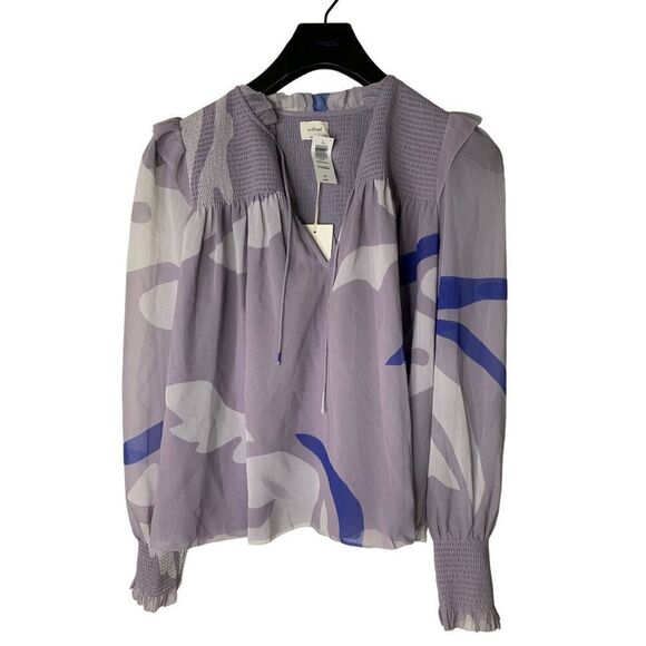 Aritzia Wilfred Castello Blouse Lavender Abstract Print Tie Neck Top Small NEW - Picture 2 of 8